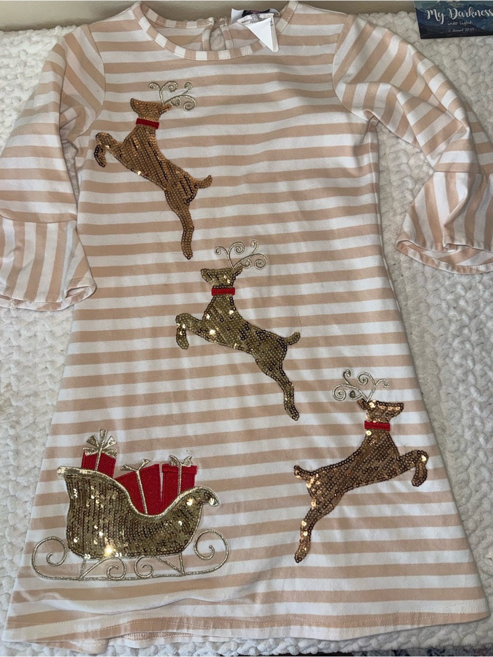Kids Sequin Reindeer Stripe Holiday Dress - Beige & White